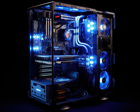 system unit for a gaming computer close-up. Modern technology, entertainment, esports, online video games, internet cafes.の素材