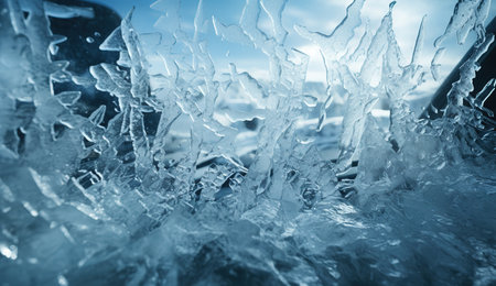 Ice crystals. ice structure. Frost on glass, freezing effect, frost patternの素材