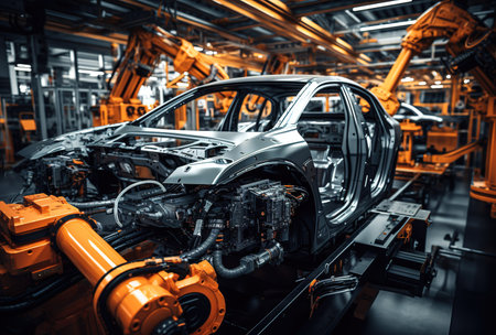 a modern automobile plant, car assembly on modern equipment, an automated assembly line for robotic arms, producing advanced high-tech electric vehicles running on clean energy.の素材