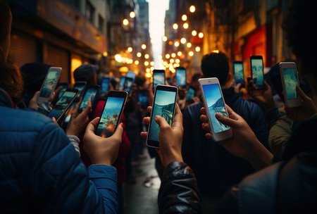 Group of Friends Using Smartphones. Friendship Teamwork Concept.People Work Together Project.の素材