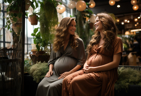 A pregnant woman touches her belly. The hands of a middle-aged pregnant mother caress her belly. Healthy pregnancy conceptの素材