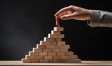 Alternative risk and strategy in business to ensure growth, image of a businessman's hand creating a hierarchy of stacking wooden blocks for growth to lay the foundation and development for success.の素材