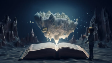 A child with an open magic book explores the world around himの素材