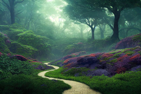 Beautiful mystical forest.Colorful landscape with enchanted trees. Landscape with a path in a dreamy forest. nature background, 3D rendering, raster illustration.の素材