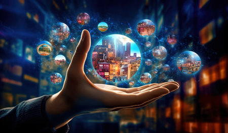 City in a ball, a person holds city icons in his handsの素材