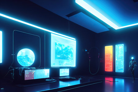 Silhouette of a man in a virtual reality device, movement in the abstract digital world, technology in the digital world, 3d render, Raster illustration.の素材