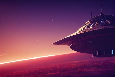 Huge asteroid in space approaching planet with sunrise,  3d render, Raster illustration.の素材