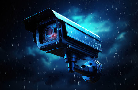 Close-up of CCTV camera on defocused background with copy spaceの素材
