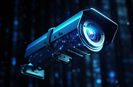 Close-up of CCTV camera on defocused background with copy spaceの素材