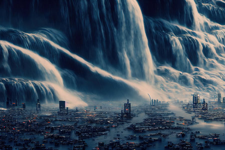 Falling water in heavy flood and rain,  3D rendering, raster illustration.の素材