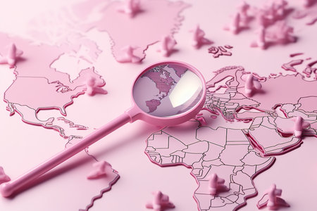World map in watercolor style isolated on pink backgroundの素材