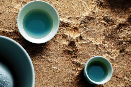 blue cup of coffee on white sand beach over blue sky and sea on day noon light background.  3d render, Raster illustration.の素材