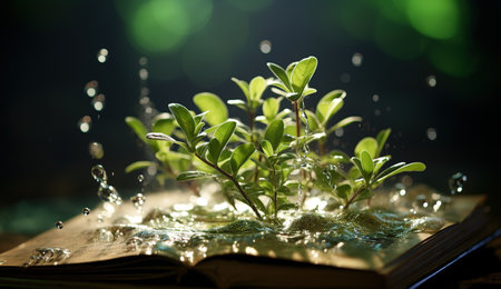 branches and a garden grow out of the pages of a bookの素材