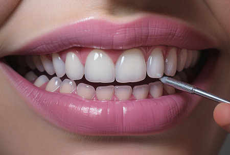 Beautiful female smile after teeth whitening procedure. Dental care. Dentistry concept.の素材