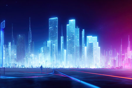 smart city at night, app development concept, smart city, internet of things, information technologyの素材