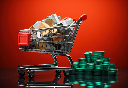 Shopping cart on a red background, the concept of "Black Friday"の素材