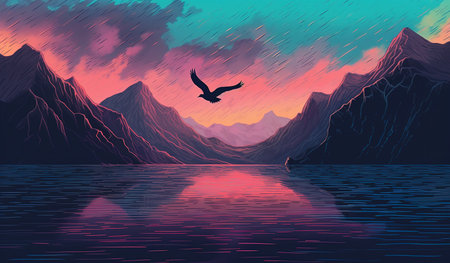 The horizon during sunset, a bird soars above the waterの素材