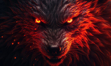 portrait of a wolf in anger the mouth of a wolf, fiery backgroundの素材