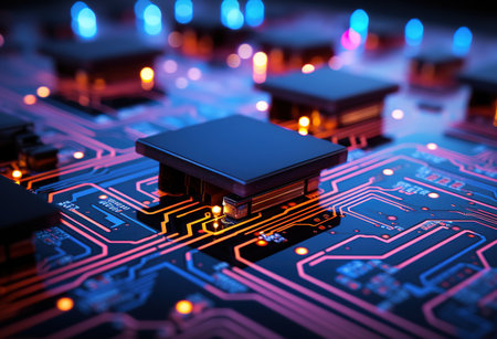 Circuit board with microprocessors and backlight - close-up of technology in action, ideal for backgrounds and illustrationsの素材
