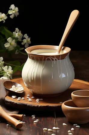 Homemade yogurt in a ceramic pot with a wooden spoon on a rustic wooden tableの素材