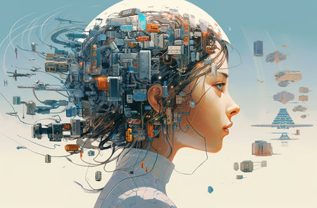 human big data visualization. Futuristic artificial intelligence concept. Aesthetic cyber mind design. machine learning. Complex data streams in the form of a head and binary data.の素材