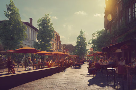 Warm summer sunset view along the avenue with tourists walking next to the canopies of street cafes,  3d render, Raster illustration.の素材