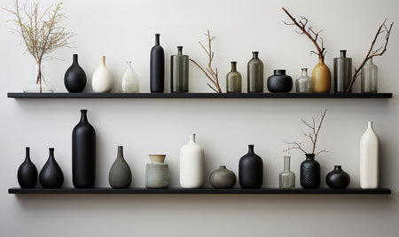 Cosmetic skin care products on a shelf, set of cosmetic bottles, healthy cosmetology, spa treatment concept, copy space, banner.の素材