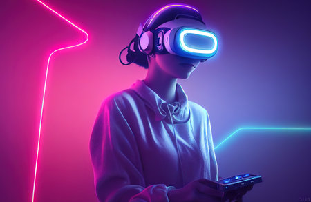 Silhouette of a man in a virtual reality device, movement in the abstract digital world, technology in the digital world, 3d render, Raster illustration.の素材