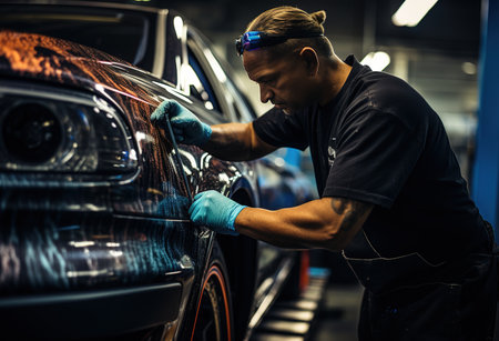 mechanic checking the safety of the car. Servicing damaged parts in the garage. Maintenance. Repair service concept.の素材