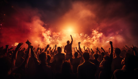 Group of people holding lighters and mobile phones at a concert, crowd of people silhouettes with raised hands. Dark background, smoke, spotlights. Bright lightsの素材