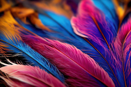 Abstract background. Silhouettes of flying feathers of different birds on the background. colorful.の素材