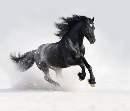 horses gallop through the snowの素材