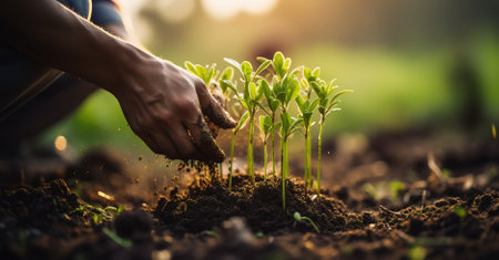 Microgreens grow against the background of microgreen sprouts in hands, planting and growing greeneryの素材