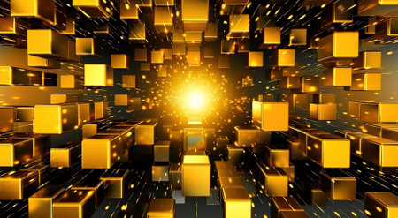 Luxurious golden background. Golden random mosaic. Cubic background. Glossy square shapes. architectural abstraction. interior concept.の素材