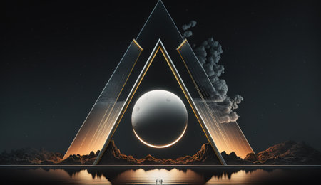 Futuristic landscape with abstract landscape and island, moonlight, glitter. natural scene with light reflection in water, neon blue light. triangle neon backgroundの素材