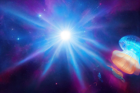 Free space galaxy, planets and space jellyfish. fantasy abstraction. space background, 3D rendering, raster illustration.の素材