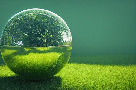 glass ball on a green sunny background. Save the environment, save a clean planet, ecology concept. 3D rendering, raster illustration.の素材