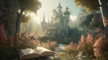 Fantasy forest landscape with trees and road, fireflies and mushrooms.の素材