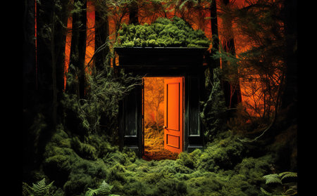 neon abstract background, tunnel, entrance with a secret doorの素材