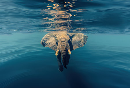 Underwater exploration of the majestic elephant: a unique look at the graceful movements of this giant mammal in a surreal aquatic environmentの素材
