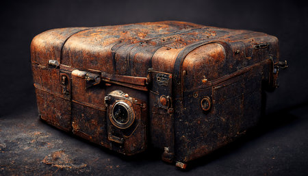 Closeup view of an old leather suitcase. 3d rendering.の素材
