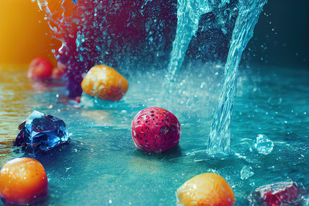 tropical fruits underwater with big splashの素材
