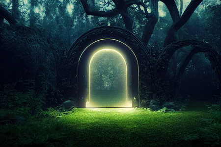 Magical portal with an arch of tree branches in the forestの素材