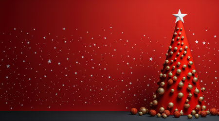 Festive sparkle: Christmas tree illuminated with lights on a red backgroundの素材