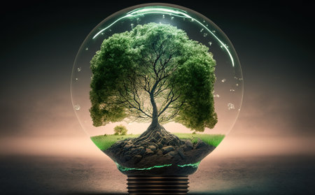 plants in a light bulb with sunlight in nature and plant growth steppe. energy saving and eco conceptの素材