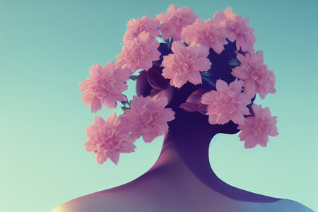 Abstract contemporary art portrait of a young woman with flowers,3D rendering, raster illustration.の素材