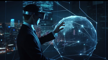 Businessman touching metaverse technology in global network connecting and creating environment between user interface, augmented reality and virtual reality on social media platform.の素材