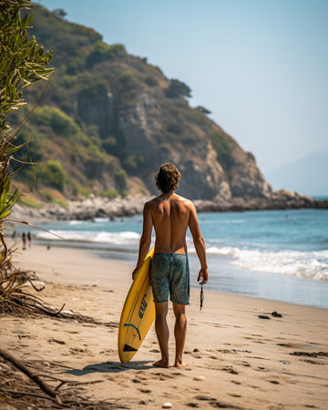 A man in shorts with a surfboard. Happy guy on the beach in a swimsuit, surfing.の素材