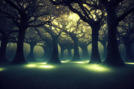 magical image of a bright firefly flying in the night forest. fairy tale concept,  3D rendering, raster illustration.の素材