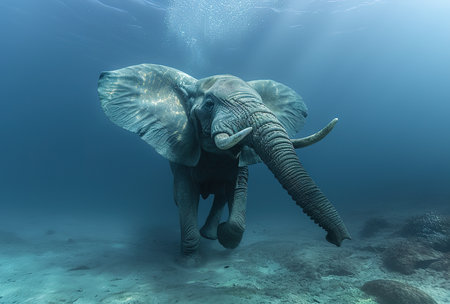 Underwater exploration of the majestic elephant: a unique look at the graceful movements of this giant mammal in a surreal aquatic environmentの素材